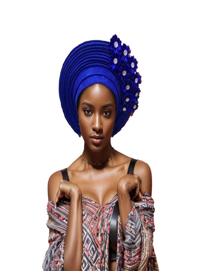 JRZXTWL African Turban Aso Oke Gele has made handmade African Turban Hats for parties (blue, standard) - Image 1